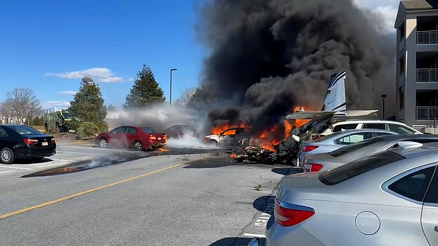 A still from a video shows the fiery aftermath of a small plane crash that occurred near a retirement village in Lititz, Pennsylvania, on Sunday, March 9.
Mandatory Credit:	Brian Pipkin via CNN Newsource