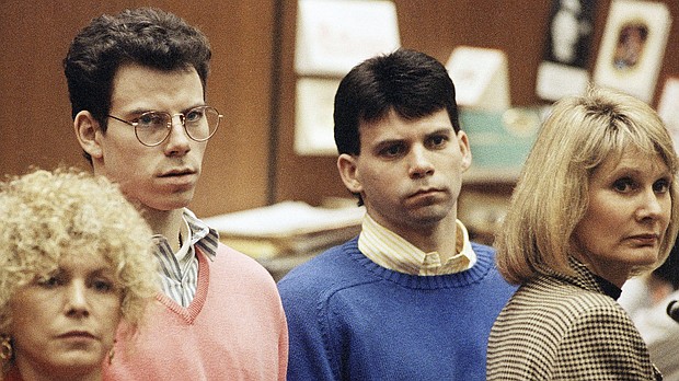 Lyle and Erik Menendez sit in court in December 1992 alongside their attorneys Leslie Abramson, left, and Jill Lansing, right.
Mandatory Credit:	Chris Martinez/AP via CNN Newsource
