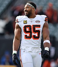 Cleveland Browns defensive end Myles Garrett warms up before a game against the Cincinnati Bengals.
Mandatory Credit:	Joseph Maiorana/USA Today Sports/Reuters via CNN Newsource