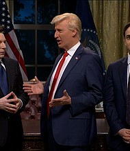 Mike Myers as Elon Musk, James Austin Johnson as President Donald Trump and Marcello Hernández as Secretary of State Marco Rubio, in the cold open of 'Saturday Night Live' on March 8.
Mandatory Credit:	NBC via CNN Newsource