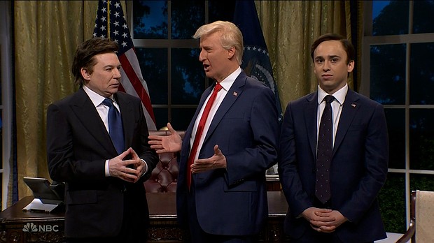 Mike Myers as Elon Musk, James Austin Johnson as President Donald Trump and Marcello Hernández as Secretary of State Marco Rubio, in the cold open of 'Saturday Night Live' on March 8.
Mandatory Credit:	NBC via CNN Newsource
