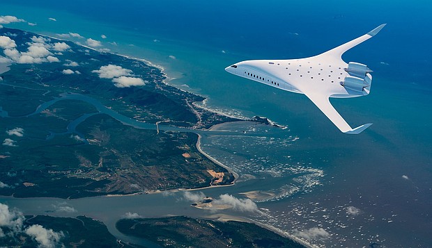 Nacho typical airplane: The Dorito-shaped design of JetZero's "blended-wing" aircraft, shown here in a rendering, is a groundbreaking style of airframe.
Mandatory Credit:	JetZero via CNN Newsource