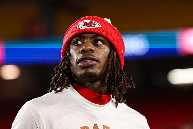 Kansas City Chiefs wide receiver Xavier Worthy warming up before home game against the Los Angeles Chargers on December 8, 2024.
Mandatory Credit:	Perry Knotts/Getty Images via CNN Newsource