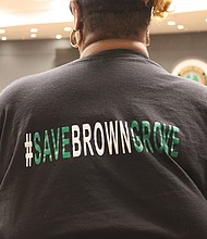 Bonnica Cotman, founder of the Brown Grove Preservation Group, wears a #SaveBrownGrove T-shirt while attending a town hall meeting March 10 in Hanover County. Cotman and other Brown Grove residents voiced their concerns over the proposed expansion of the Ashcake Road Landfill.