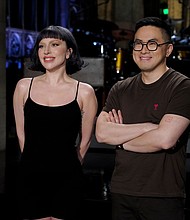 Lady Gaga and Bowen Yang are seen here on a recent episode of "SNL." Yang recently said that Gaga’s "Born This Way" helped him "come out of the closet again."
Mandatory Credit:	Rosalind O'Connor/NBC/Getty Images via CNN Newsource
