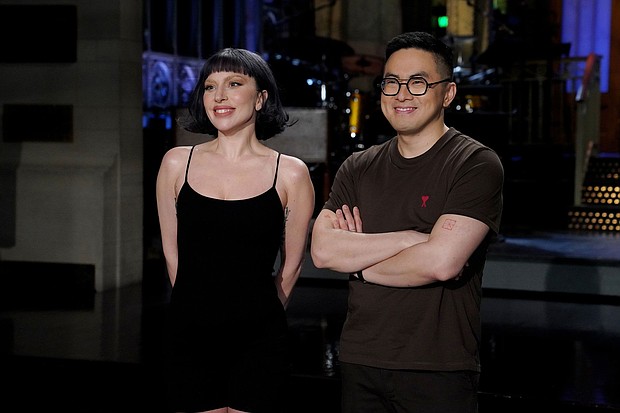 Lady Gaga and Bowen Yang are seen here on a recent episode of "SNL." Yang recently said that Gaga’s "Born This Way" helped him "come out of the closet again."
Mandatory Credit:	Rosalind O'Connor/NBC/Getty Images via CNN Newsource