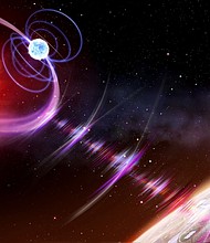An artist's impression shows a red dwarf (left) and a white dwarf (center) closely orbiting each other. Astronomers believe the tight orbit causes the stars' magnetic fields to interact, releasing radio pulses every two hours.
Mandatory Credit:	Daniëlle Futselaar/artsource.nl via CNN Newsource