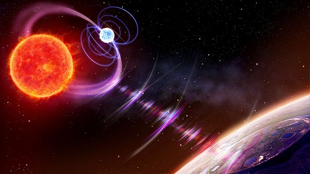 An artist's impression shows a red dwarf (left) and a white dwarf (center) closely orbiting each other. Astronomers believe the tight orbit causes the stars' magnetic fields to interact, releasing radio pulses every two hours.
Mandatory Credit:	Daniëlle Futselaar/artsource.nl via CNN Newsource