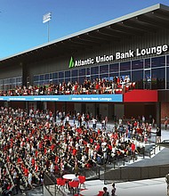Artist rendering of the Atlantic Union Bank Lounge at CarMax Park, featuring premium seating and panoramic views of the field. The 6,000-square-foot space will open in 2026 as part of the new Richmond Flying Squirrels stadium.
