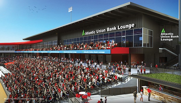 Artist rendering of the Atlantic Union Bank Lounge at CarMax Park, featuring premium seating and panoramic views of the field. The 6,000-square-foot space will open in 2026 as part of the new Richmond Flying Squirrels stadium.