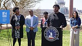 Anthony Clary speaks at a press conference after We Off the Couch was awarded a grant from the Richmond Health Equity Fund to expand its community fitness programs.