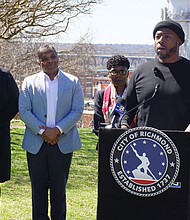 Anthony Clary speaks at a press conference after We Off the Couch was awarded a grant from the Richmond Health Equity Fund to expand its community fitness programs.