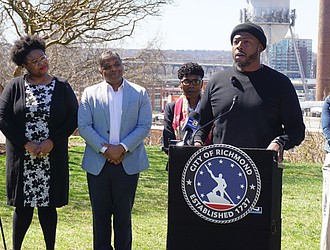Anthony Clary speaks at a press conference after We Off the Couch was awarded a grant from the Richmond Health Equity Fund to expand its community fitness programs.