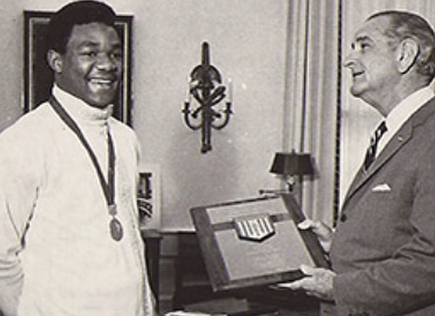 George Foreman visits the White House with President Lyndon Johnson after the 1968 Olympics/credit IG-biggeorgeforeman