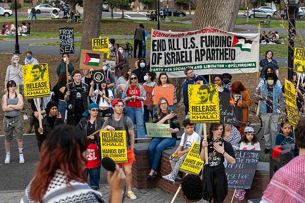 Richmond residents and VCU students gathered at Monroe Park on Wednesday, March 19, to protest the resumption of Israeli airstrikes on Gaza. The demonstration, organized by the Party for Socialism and Liberation Virginia, called for an end to the conflict in Palestine and the release of Palestinian activist Mahmoud Khalil, who was arrested earlier this month by federal immigration authorities and faces deportation. (Julianne Tripp Hillian / Richmond Free Press)