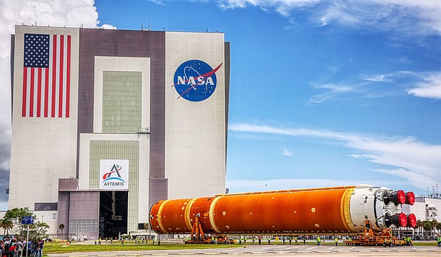 The core stage for NASA's Space Launch System rocket is moved from the Pegasus barge to the Vehicle Assembly Building on July 23, 2024.
Mandatory Credit:	Ricardo Ramirez Buxeda/Orlando Sentinel/TNS/GEtty Images/File via CNN Newsource