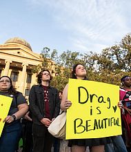 Students and supporters gather on campus to protest the Texas A&M University Board of Regents' decision on Draggieland in College Station, TX, on Wednesday, March 6, 2025. Credit: Ishika Samant for The Texas Tribune