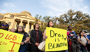 Students and supporters gather on campus to protest the Texas A&M University Board of Regents' decision on Draggieland in College Station, TX, on Wednesday, March 6, 2025. Credit: Ishika Samant for The Texas Tribune