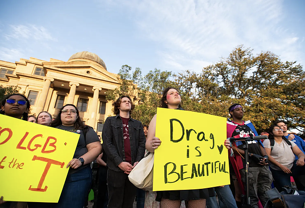 Students and supporters gather on campus to protest the Texas A&M University Board of Regents' decision on Draggieland in College Station, TX, on Wednesday, March 6, 2025. Credit: Ishika Samant for The Texas Tribune