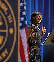 TeArri Forbes-Robinson welcomes guests to Henry L. Marsh III Elementary School’s celebration of their first Henry L. Marsh Day on March 26.