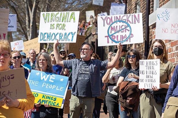 Hundreds gather at St. John’s Church in Richmond for The “No Kings in America” protest held during a reenactment marking the 250th anniversary of Patrick Henry’s revolutionary speech.