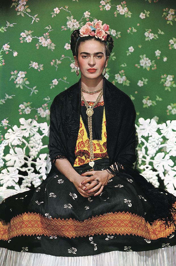 The artist Frida Kahlo, as seen in “Frida on White Bench, New York, 1939,” by Nickolas Muray.