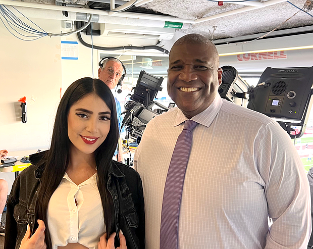 Isabella Ramirez Garcia – Cultural Correspondent for Houston Style Magazine and Curt Menefee is lead Host of FOX NFL Sunday and the Play-by-Play Broadcaster for FOX Sports’ United Football League (UFL) Coverage, at TDECU Stadium in Houston, Texas