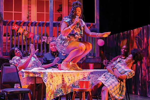 The cast of “Fat Ham” in performance at Virginia Stage Company in Norfolk. Virginia Repertory Theatre co-produced the show with Virginia Stage and initially canceled the run in Richmond. But now it’s back on with Richmond Triangle Players at Firehouse.