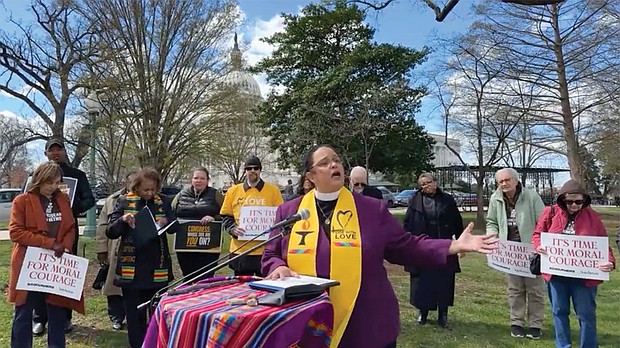 The Rev. Sofía Betancourt addresses an interfaith “Faithful Witness Wednesdays” vigil near the U.S. Capitol, March 26, in Washington, D.C.