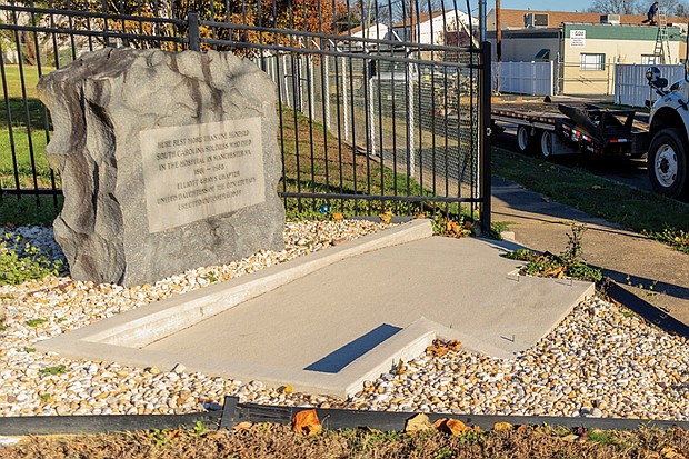 A Confederate marker at Richmond’s Department of Public Utilities Wise Street substation honors 100 South Carolina soldiers who died nearby. The City plans to use ground-penetrating radar this spring to determine if remains are buried at the site.