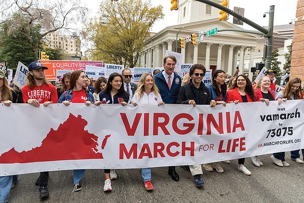 Gov. Glenn Youngkin joins pro-life demonstrators for the 7th Annual Virginia March for Life at the State Capitol on Wednesday, April 2. Youngkin joined the front lines of the march for the first two blocks before heading back inside the General Assembly building.