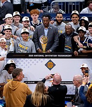 Chattanooga players celebrate the team's victory after the championship game against UC Irvine.
Mandatory Credit:	Doug McSchooler/NCAA Photos/Getty Images via CNN Newsource