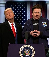 (From left) James Austin Johnson and Mike Myers are pictured on 'SNL.'
Mandatory Credit:	NBC via CNN Newsource