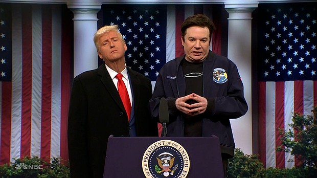 (From left) James Austin Johnson and Mike Myers are pictured on 'SNL.'
Mandatory Credit:	NBC via CNN Newsource