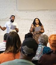 Poet Roscoe Burnems, (left) engages with the crowd at last year’s Richmond Poetry Fest. This
year’s free festival, hosted April 11-12 at VisArts, features workshops, a youth anthology reading and Burnems hosting the 1-2-3 Slam competition.