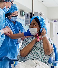Towana Looney is brought into the operating room for her xenotransplant surgery at NYU Langone Health in New York City on November 25, 2024.
Mandatory Credit:	Joe Carrotta/NYU Langone Health via CNN Newsource