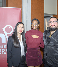Houston Public Library Director Sandy Gaw, 2023-2025 Houston Poet Laureate Aris Kian Brown, 2025-2027 Houston Poet Laureate Reyes Ramirez