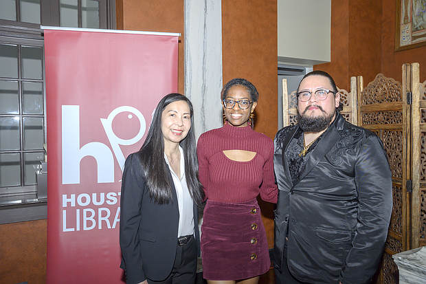 Houston Public Library Director Sandy Gaw, 2023-2025 Houston Poet Laureate Aris Kian Brown, 2025-2027 Houston Poet Laureate Reyes Ramirez