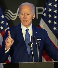 Former President Joe Biden speaks at the Advocates, Councelors, and Representatives for the Disabled conference in Chicago on April 15. Biden offered his first public critique of President Donald Trump’s second term Tuesday. Mandatory Credit:	Nam Y. Huh/AP via CNN Newsource