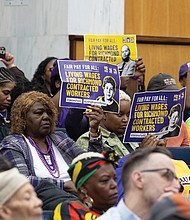City of Richmond employees and contract workers rally at City Council’s budget public hearing on Monday, April 14. They called on the council to extend the city’s $20-per-hour living wage to contract workers — such as janitors and security officers — and to fully fund collective bargaining agreements already negotiated with City employees.