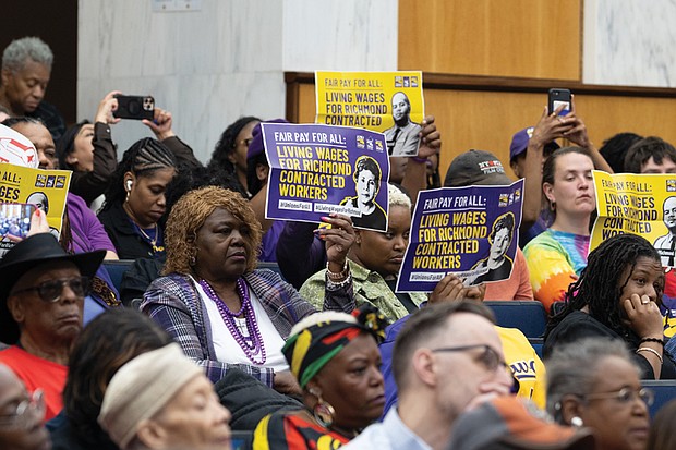 City of Richmond employees and contract workers rally at City Council’s budget public hearing on Monday, April 14. They called on the council to extend the city’s $20-per-hour living wage to contract workers — such as janitors and security officers — and to fully fund collective bargaining agreements already negotiated with City employees.