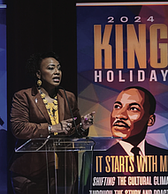 Bernice King, daughter of Dr. Martin Luther King Jr., speaks during a news conference in 2024 at the King Center, in Atlanta.