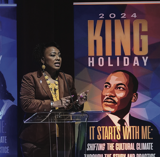 Bernice King, daughter of Dr. Martin Luther King Jr., speaks during a news conference in 2024 at the King Center, in Atlanta.