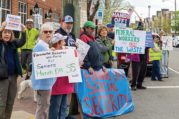 Citizens rally for the “Hands Off Social Security” event on April 15 outside the Social Security Office on West Cary Street in Richmond, protesting efforts by the Trump administration that they say threaten Social Security benefits.