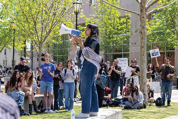 Fern, a community advisor with Students for Justice in Palestine at VCU, spoke April 4 at VCU’s Park Plaza during the “Hands Off Our Students Walkout” in response to international students having their visas revoked.
