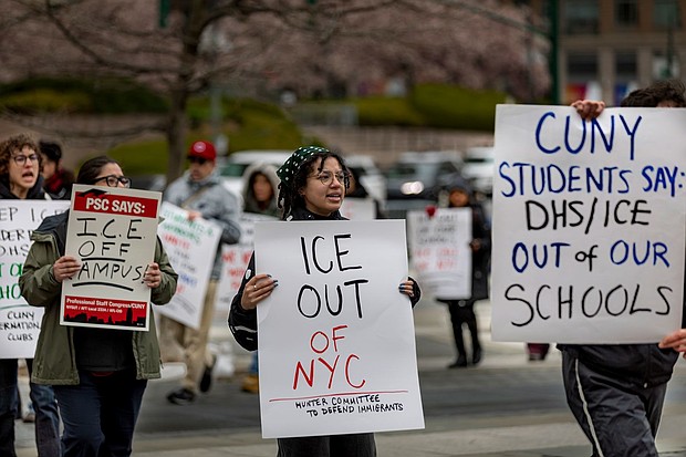 Students and faculty from the City University of New York hold a rally supporting international students who have had their visas revoked by the Trump administration in lower Manhattan on April 11.
Mandatory Credit:	MIchael Nigro/Sipa USA/AP via CNN Newsource