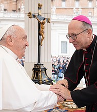 Bishop Knestout and Pope Francis met during a pilgrimage to Rome in 20204. (photo courtesy Vatican Media)