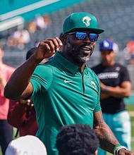 Norfolk State head coach Michael Vick looks on during the Spartans’ spring football game Saturday at William “Dick” Price Stadium. The scrimmage marked Vick’s debut leading the program.