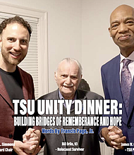 TSU Board Chairman Brandon L. Simmons, Holocaust survivor Bill Orlin, and Texas Southern University President James W. Crawford III