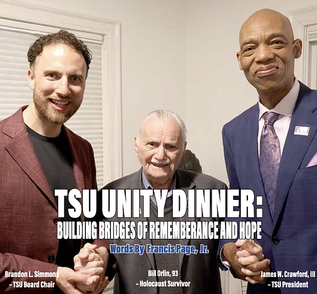 TSU Board Chairman Brandon L. Simmons, Holocaust survivor Bill Orlin, and Texas Southern University President James W. Crawford III